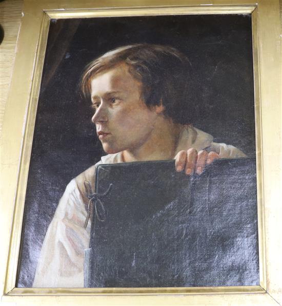 Late 19th century French School, oil on canvas, Portrait of a young boy holding a folio 46 x 36cm